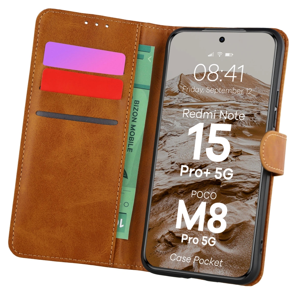 Etui z klapką Bizon Case Pocket do Xiaomi Redmi Note 15 Pro Plus 5G / POCO M8 Pro 5G, brązowe