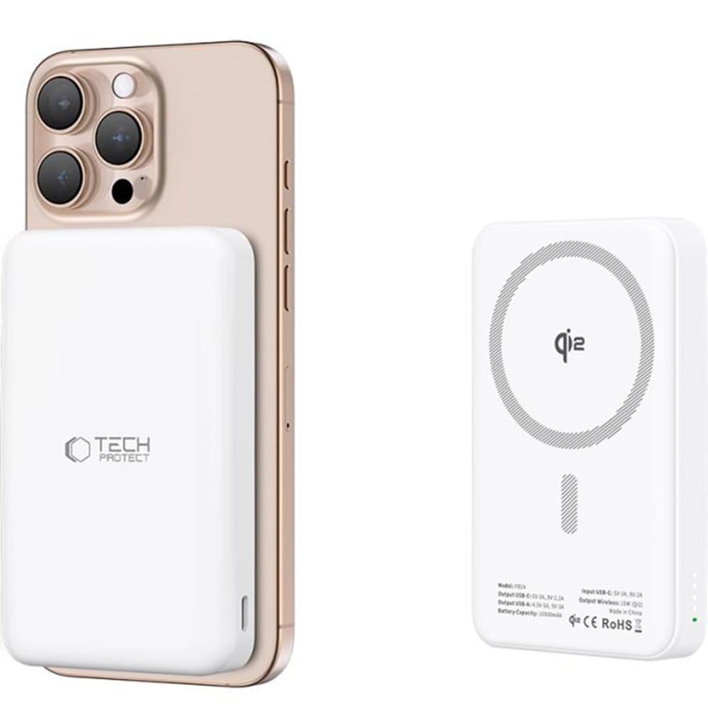 Image of Powerbank indukcyjny Tech-Protect LifeMag Qi2 PB24 do MagSafe, 1x USB-A/USB-C, 15W, 10000mAh + kabel USB-C, biały