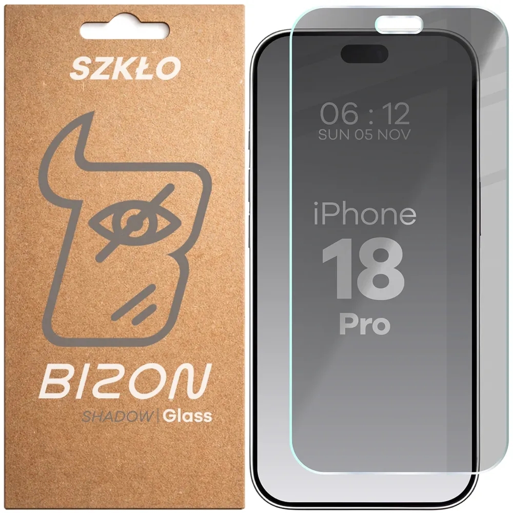 Prywatyzujące szkło hartowane Bizon Glass Clear Shadow do iPhone 18 Pro, przyciemniane