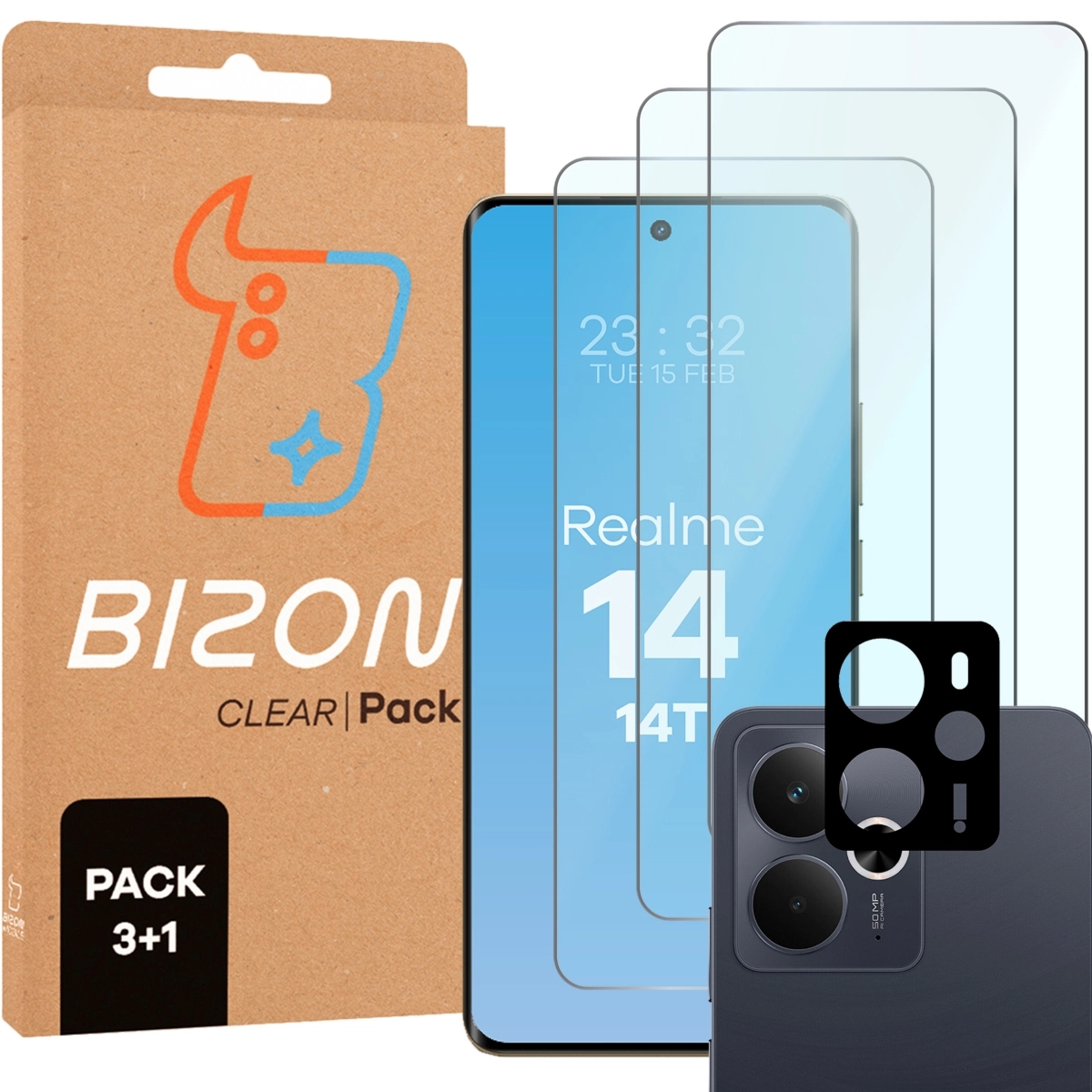 3x Szkło hartowane + szybka na aparat Bizon Glass Clear Pack do Realme 14 5G / 14T 5G