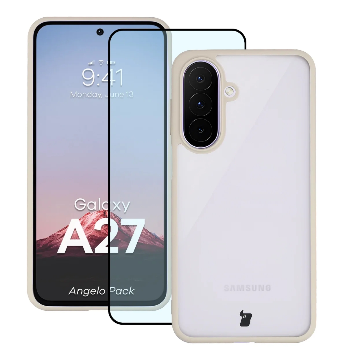 Etui + szkło hartowane Bizon Angelo Pack do Galaxy A27 5G, półprzezroczyste z beżową ramką