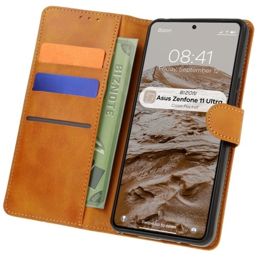 Image of Etui z klapką Bizon Case Pocket do Asus Zenfone 11 Ultra, brązowe