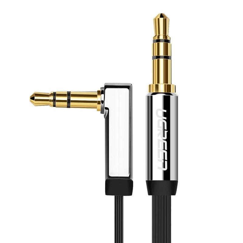 Image of Kabel płaski audio Ugreen AUX 3,5 mm mini jack (2x męski) 2m, czarny ze srebrnymi wtyczkami