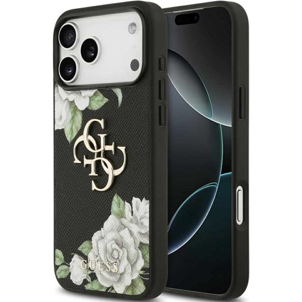 Etui Guess Grained Roses Big 4G do iPhone 17 Pro Max, czarne z kwiecistym wzorem