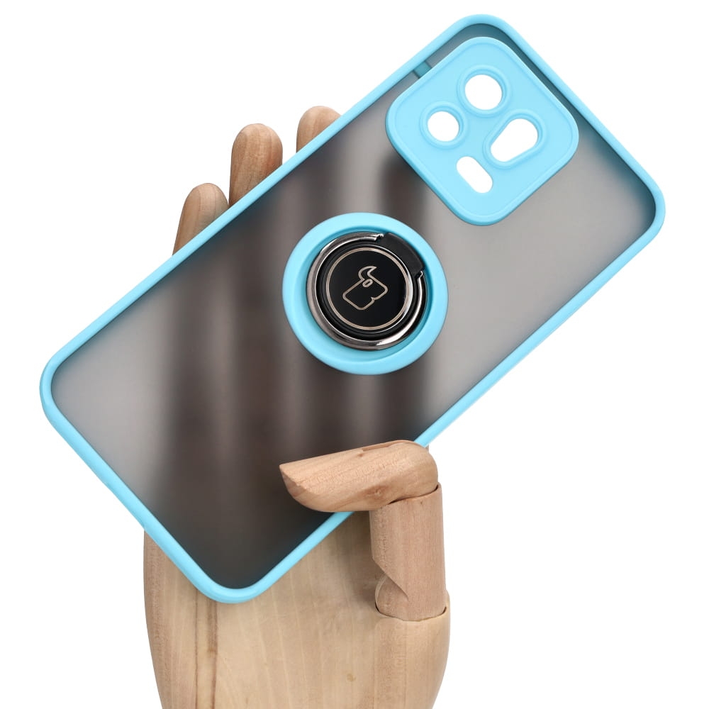 Image of Etui z uchwytem na palec Bizon Case Hybrid Ring do Xiaomi 13, przydymione z jasnoniebieską ramką
