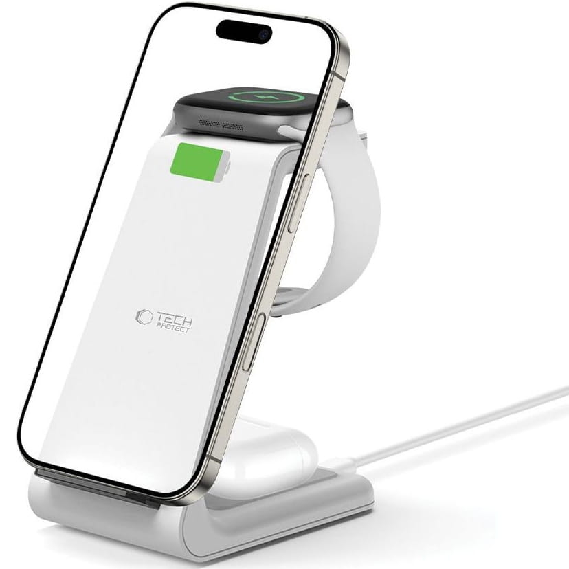 Image of Ładowarka indukcyjna Tech-Protect Qi15W A36 3w1 Wireless Charger do Apple, biała