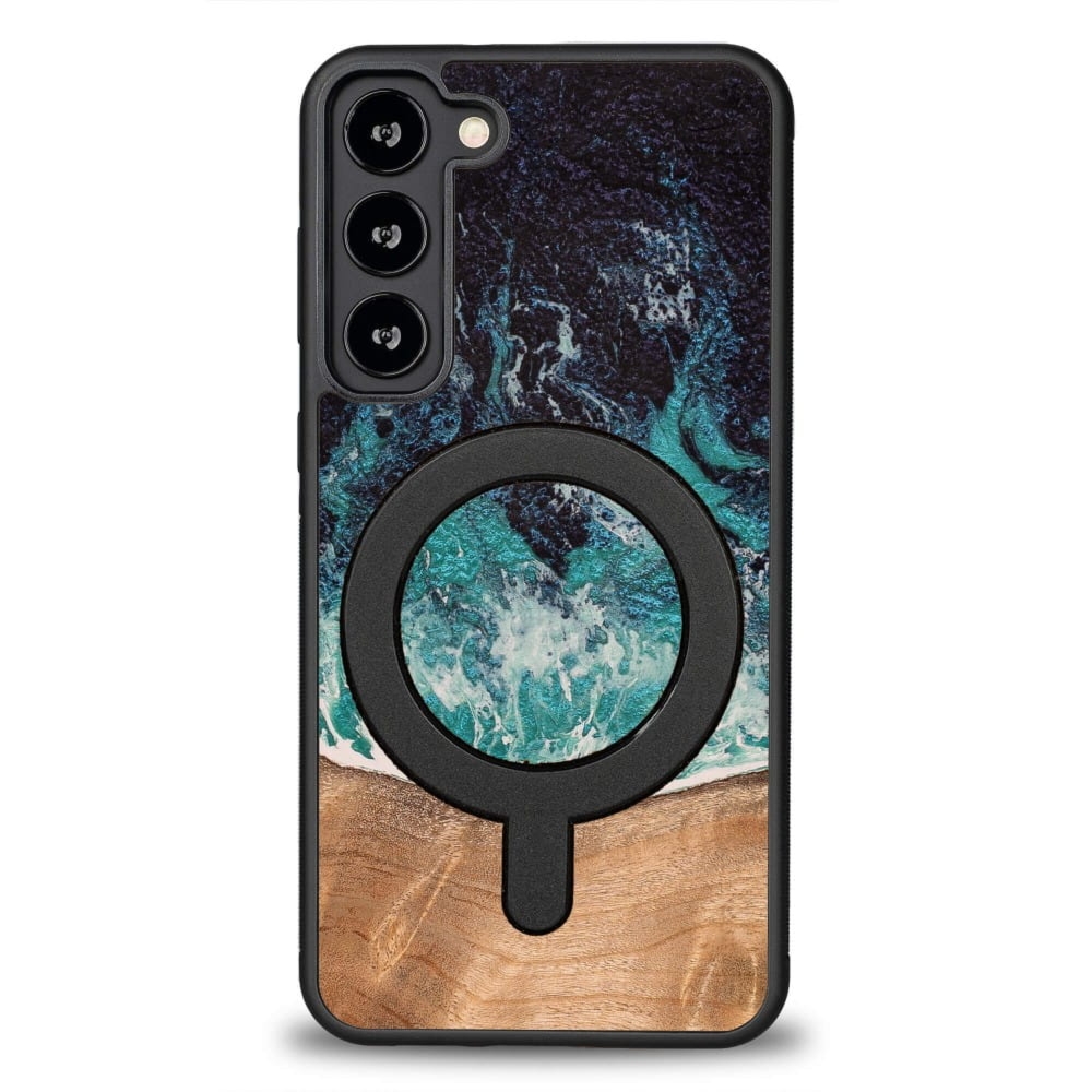 Drewniane etui do Galaxy S23 Plus, Bewood Unique Dream Island do MagSafe, niebiesko-brązowe