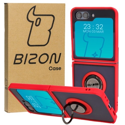 Image of Etui z uchwytem na palec Bizon Case Hybrid Ring do Galaxy Z Flip5, przydymione z czerwoną ramką