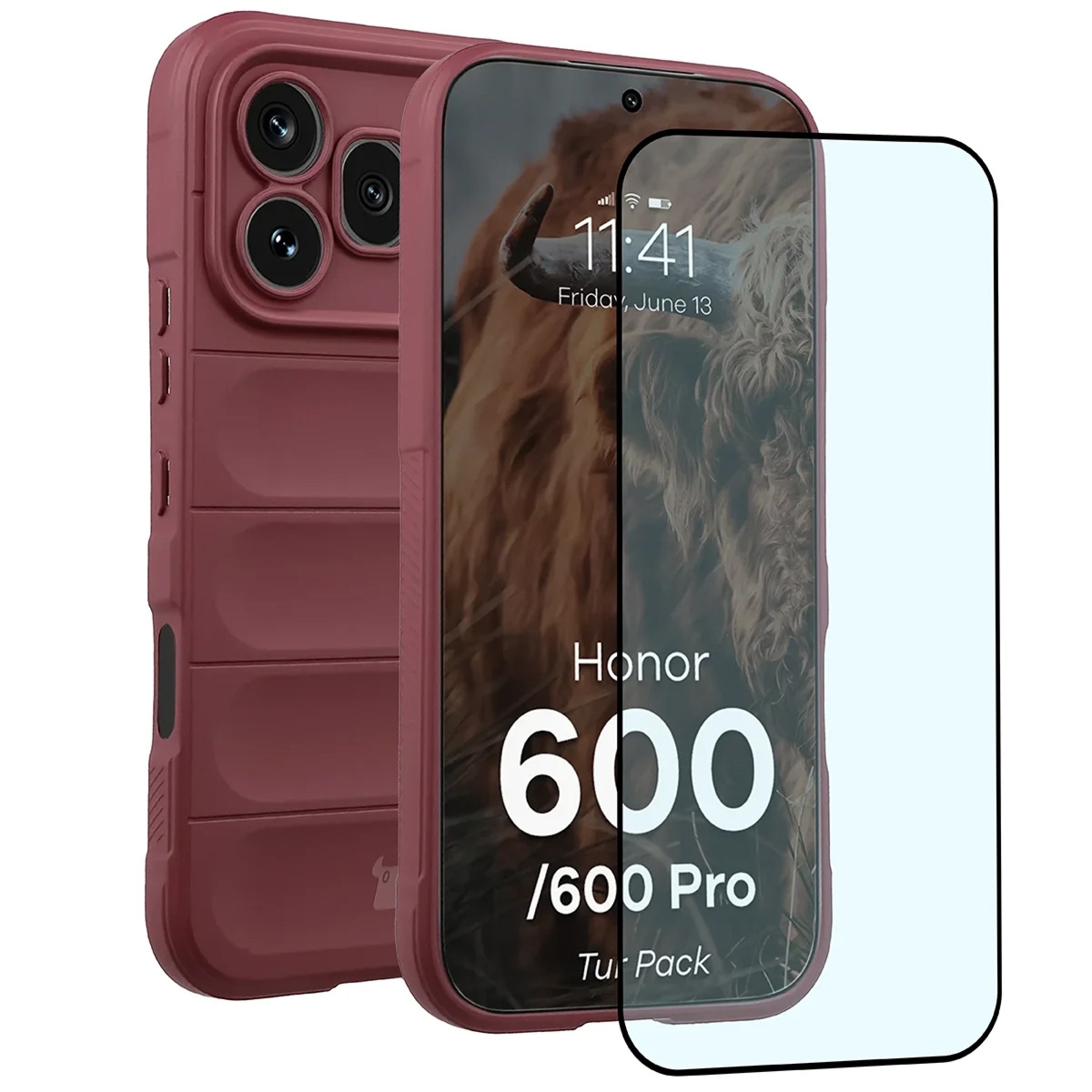 Pancerne etui + szkło hartowane Bizon Tur Pack do Honor 600 5G / 600 Pro 5G, burgundowe