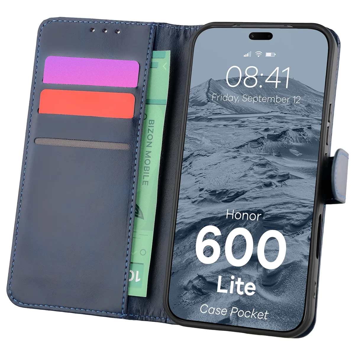Etui z klapką Bizon Case Pocket do Honor 600 Lite 5G, granatowe