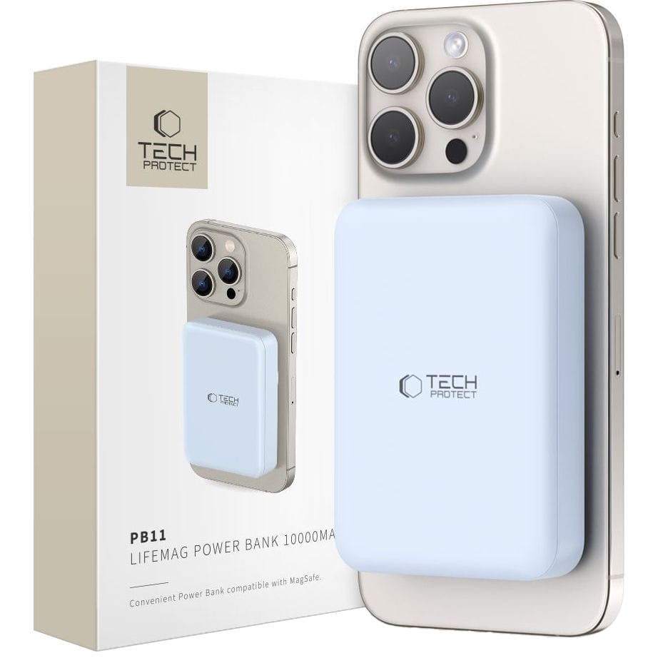 Image of Powerbank z ładowaniem indukcyjnym 10000mAh 15W + kabel USB-C 0.5m, Tech-Protect PB11 Lifemag, niebieski
