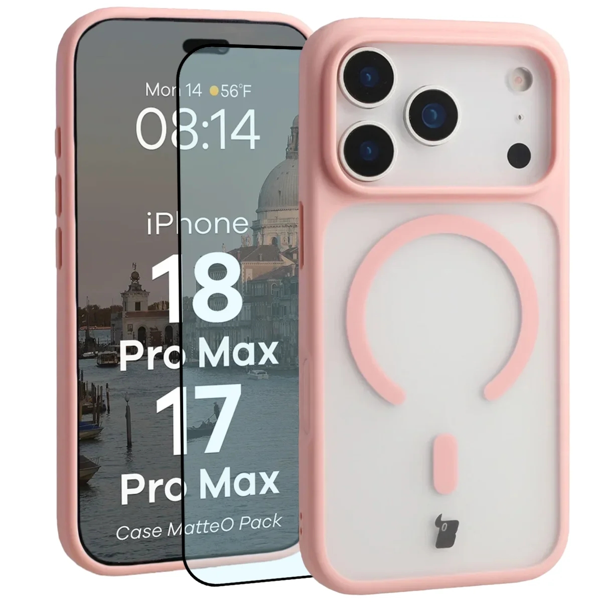Etui z pierścieniem magnetycznym + szkło hartowane Bizon MatteO Pack do iPhone 18 Pro Max / 17 Pro Max, przydymione-jasnoróżowe