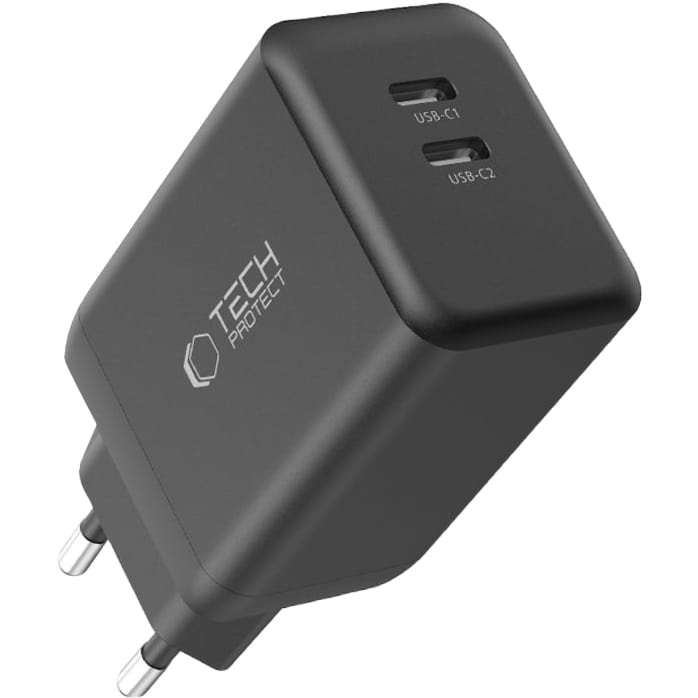 Ładowarka sieciowa GaN 2x USB-C PD, PPS, 45W, Tech-Protect NC45W, czarna