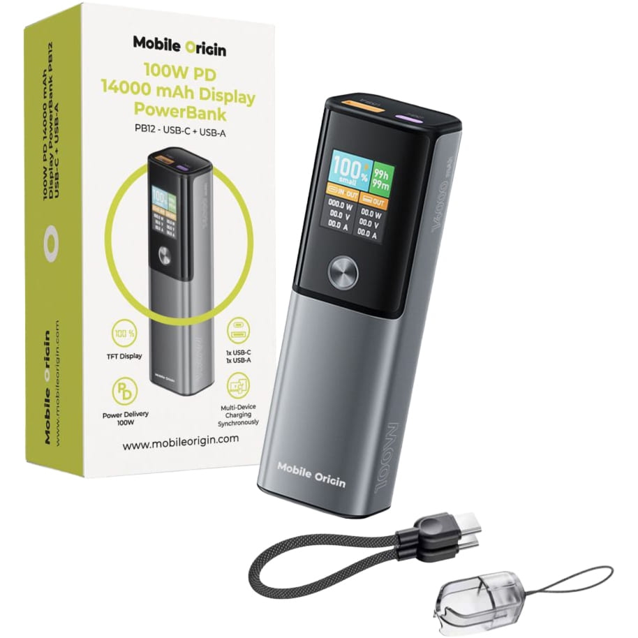 Powerbank Mobile Origin PB12, 14 000 mAh, 100W, USB-C / USB-A, wyświetlacz, szaro-czarny