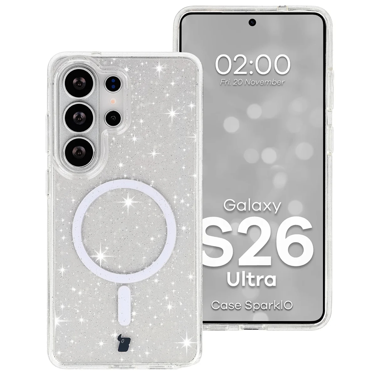 Etui brokatowe z pierścieniem magnetycznym Bizon Case SparklO do Galaxy S26 Ultra, przezroczyste z brokatem