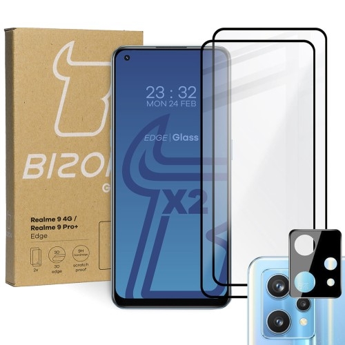 Image of Szkło hartowane Bizon Glass Edge - 2 sztuki + ochrona na obiektyw, Realme 9 4G / Realme 9 Pro+