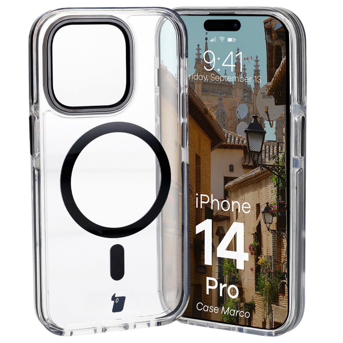 Etui z pierścieniem magnetycznym Bizon Case Marco do iPhone 14 Pro, przezroczyste z czarną ramką