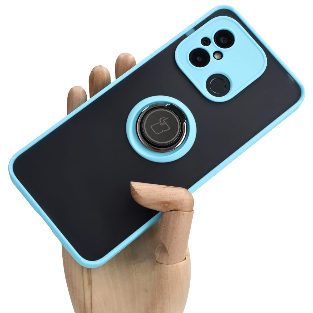 Image of Etui z uchwytem na palec Bizon Case Hybrid Ring do Xiaomi Redmi 12C, przydymione z jasnoniebieską ramką