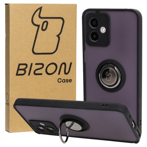 Image of Etui z uchwytem na palec Bizon Case Hybrid Ring do Motorola Moto G14, przydymione z czarną ramką