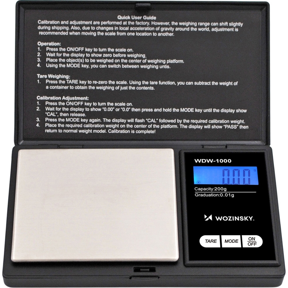 Waga jubilerska precyzyjna Wozinsky WDW-1000, 200 g / 0,01 g, podświetlana, czarna