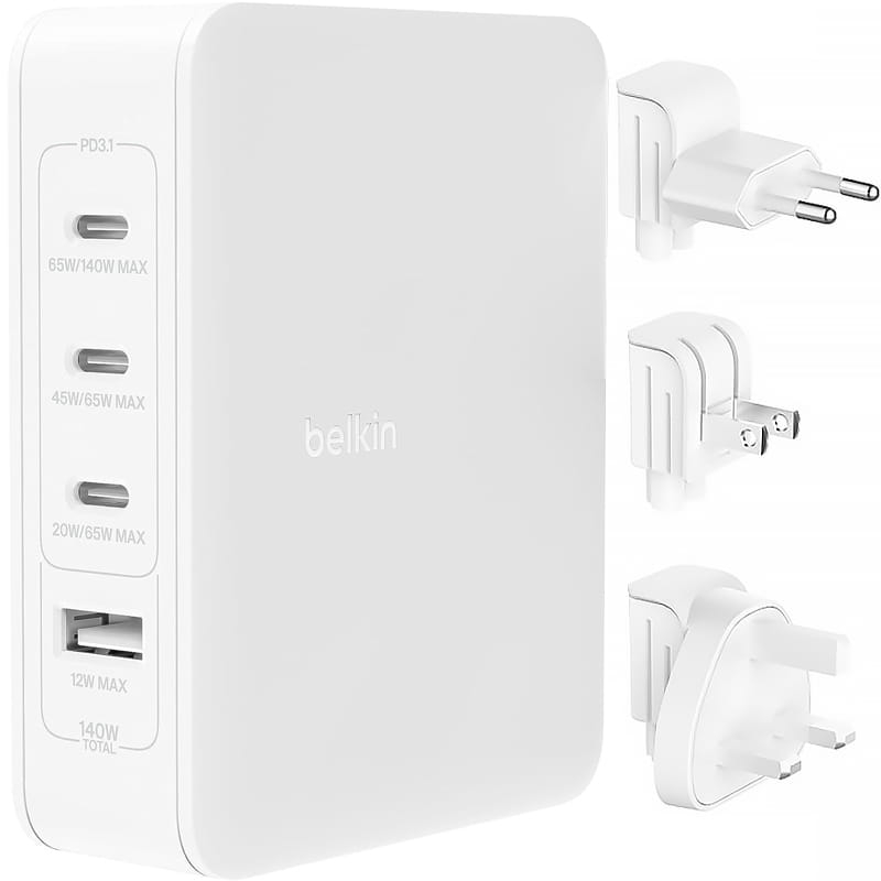 Image of Ładowarka sieciowa podróżna Belkin Boost Pro 4-Port GaN Charger 140W 3x USB-C 1x USB-A, biała