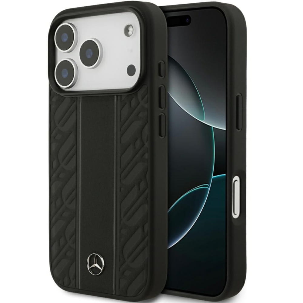 Etui Mercedes-Benz Leather Laurel Leaves Stripes do iPhone 18 Pro / 17 Pro do MagSafe, czarne