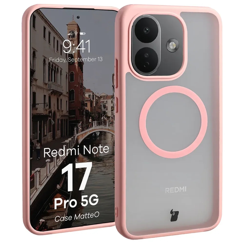 Etui z pierścieniem magnetycznym Bizon Case MatteO do Xiaomi Redmi Note 17 Pro 5G, przydymione-jasnoróżowe