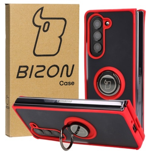 Image of Etui z uchwytem na palec Bizon Case Hybrid Ring do Galaxy Z Fold5, przydymione z czerwoną ramką