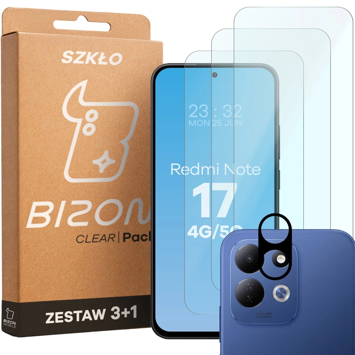 3x Szkło hartowane + szybka na aparat Bizon Glass Clear Pack do Xiaomi Redmi Note 17 4G/5G