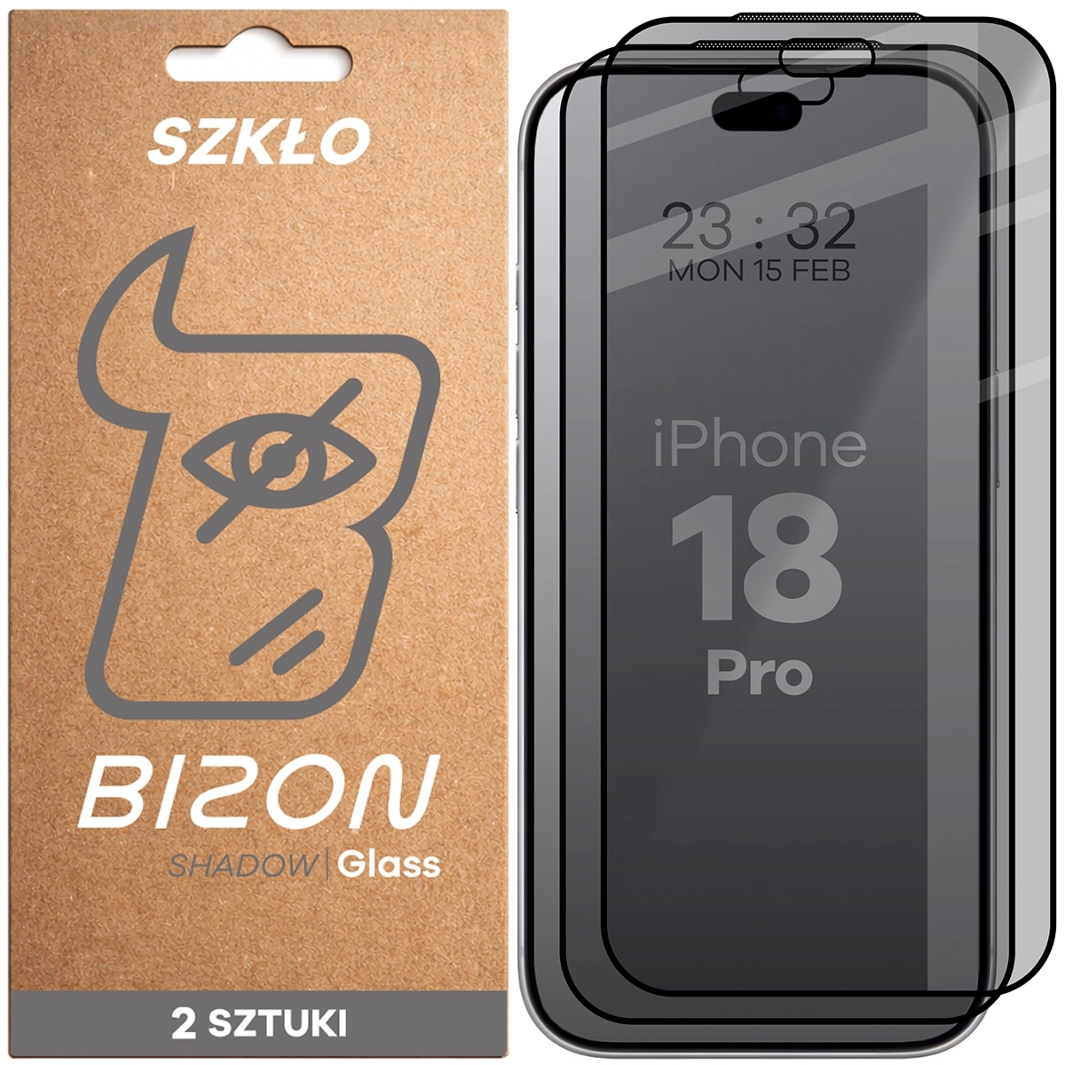 Prywatyzujące szkło hartowane Bizon Glass Edge Shadow Duo do iPhone 18 Pro, przyciemniane z czarną ramką, 2 sztuki