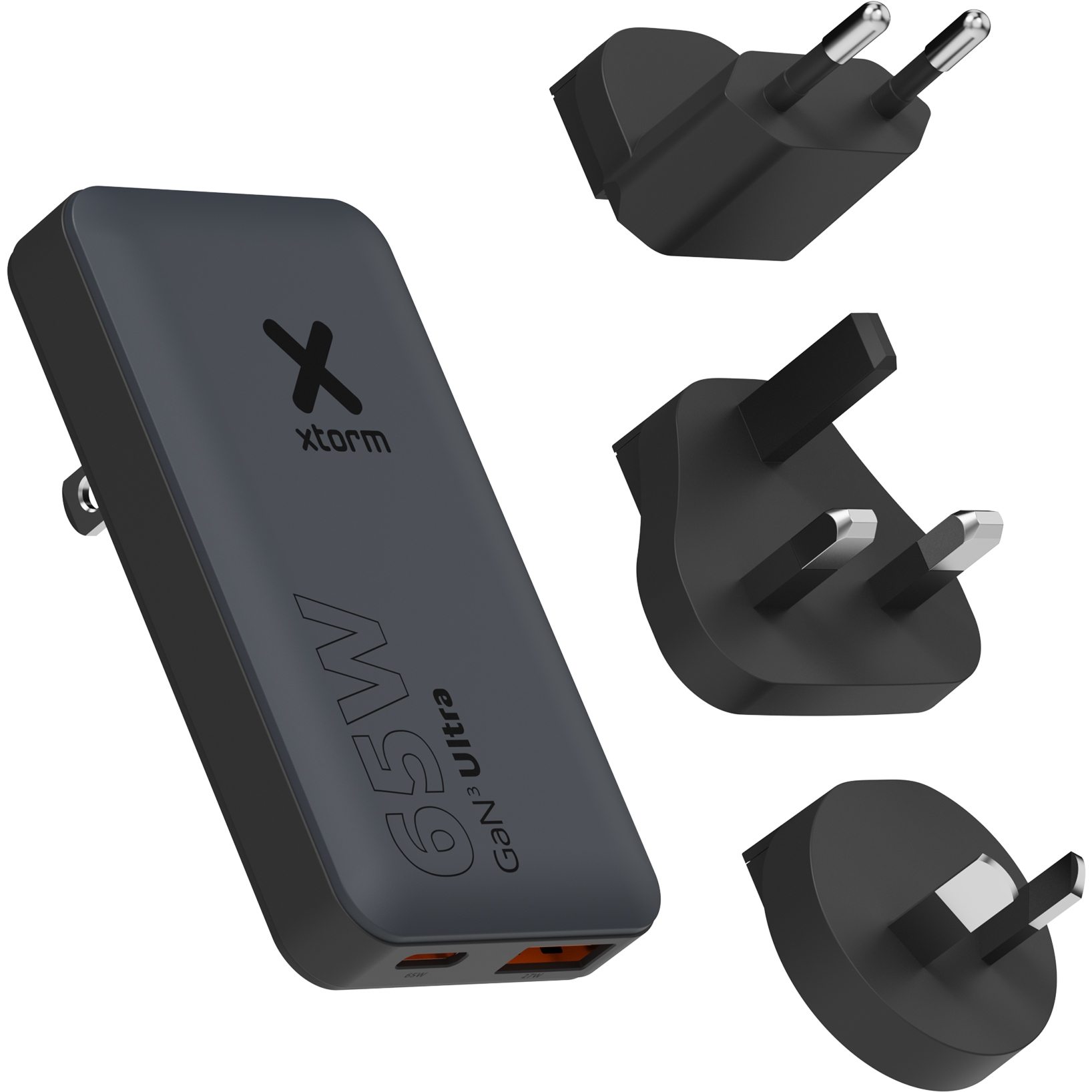 Ładowarka sieciowa turystyczna GaN USB-C PD, USB-A, 65W, Xtorm Fast Travel Charger, adaptery UK typ G / USA typ A / AUS typ I / EU typ C, czarna