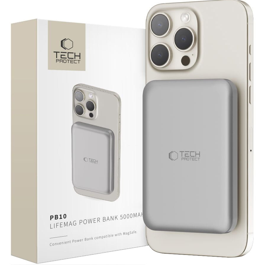 Image of Powerbank z ładowaniem indukcyjnym 5000 mAh 15W, Tech-Protect PB10 Lifemag do MagSafe, szary