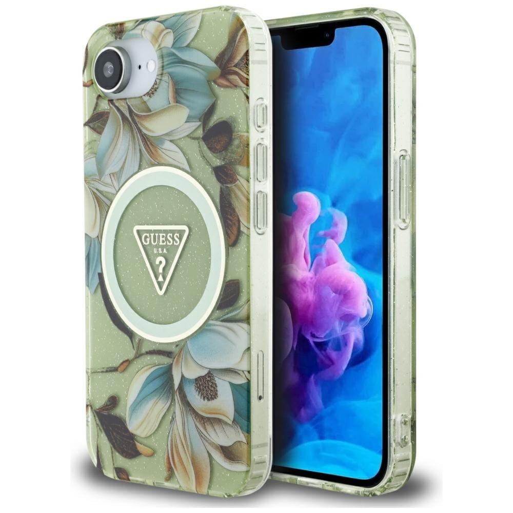 Etui Guess Glitter Flowers Triangle Buttons do MagSafe do iPhone 17e / 16e, zielone z kwiecistym wzorem