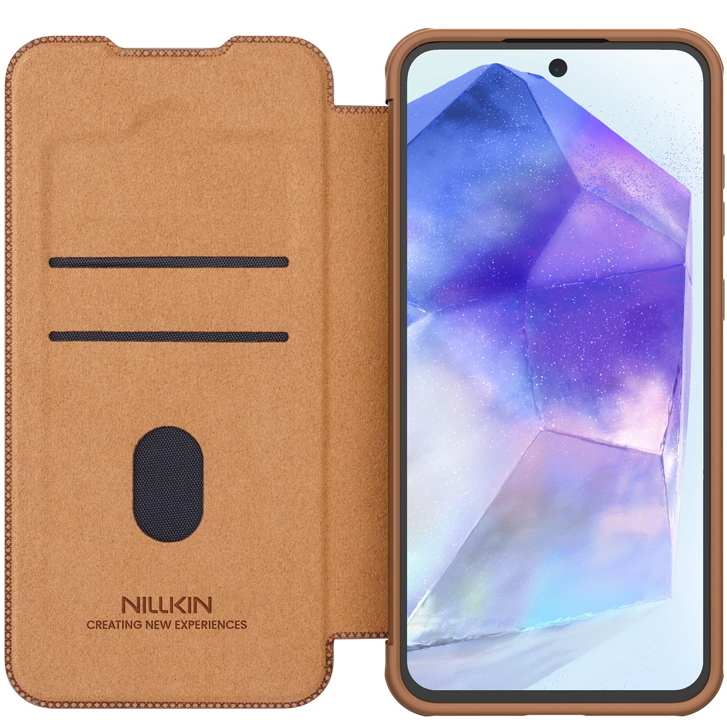 Image of Etui z klapką i ochroną aparatu Nillkin Qin Pro do Galaxy A56 5G, brązowe