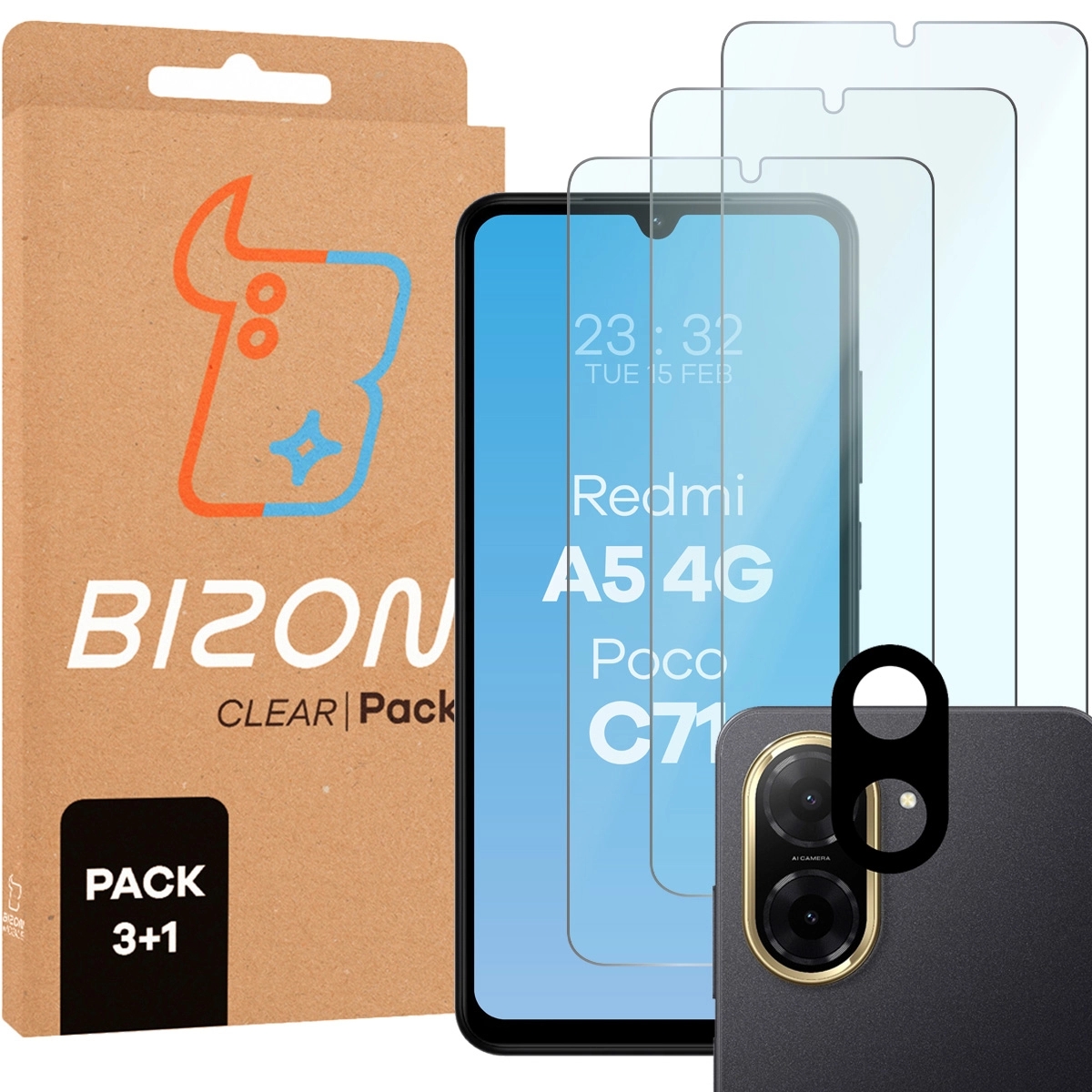 Image of 3x Szkło hartowane + szybka na aparat Bizon Glass Clear 2 Pack do Xiaomi Redmi A5 4G / POCO C71 4G