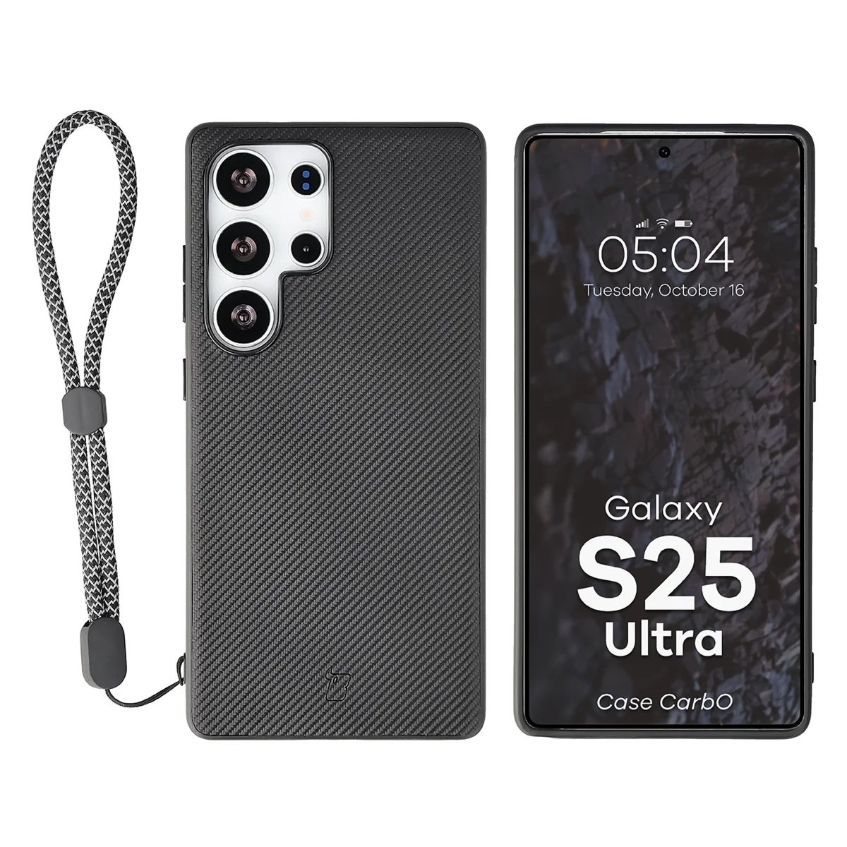 Etui ze smyczką na nadgarstek i pierścieniem magnetycznym Bizon Case CarbO do Galaxy S25 Ultra, czarne