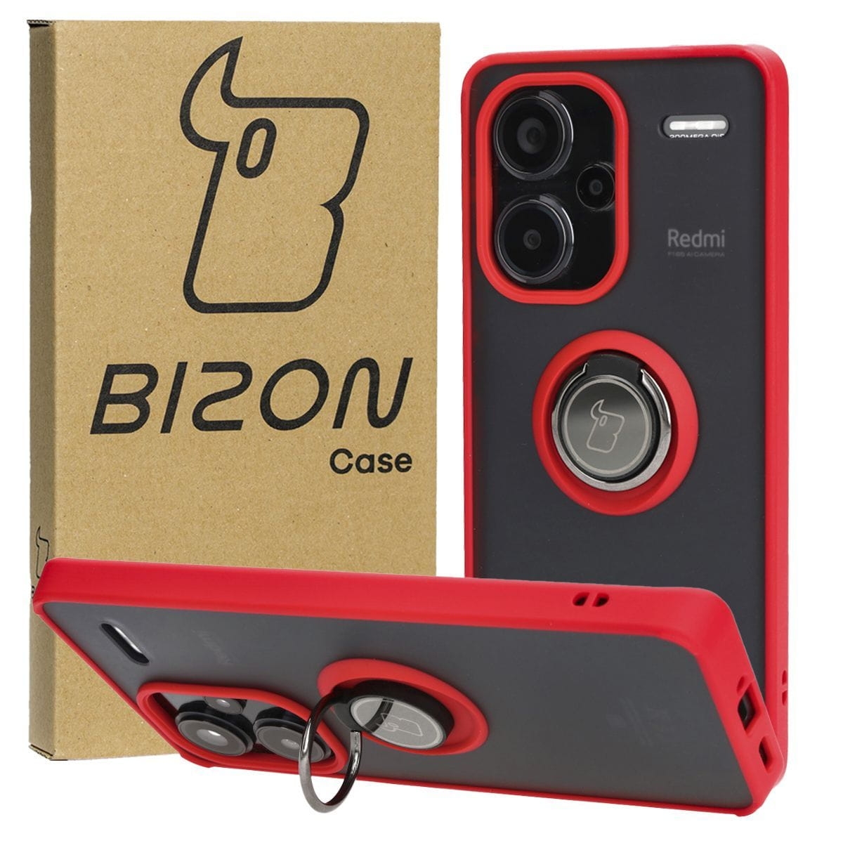 Image of Etui z uchwytem na palec Bizon Case Hybrid Ring do Xiaomi Redmi Note 13 Pro+ 5G, przydymione z czerwoną ramką