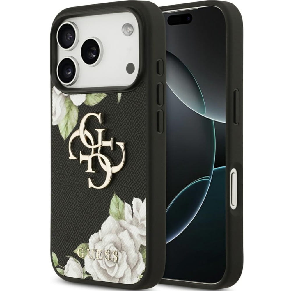 Etui Guess Grained Roses Big 4G do iPhone 17 Pro, czarne z kwiecistym wzorem