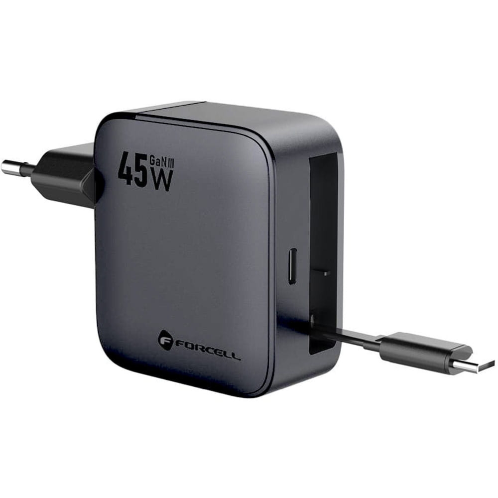 Ładowarka sieciowa GaN3 USB-C PD, QC 4.0, 45W, Forcell F-Energy, zwijany kabel USB-C, grafitowo-czarna