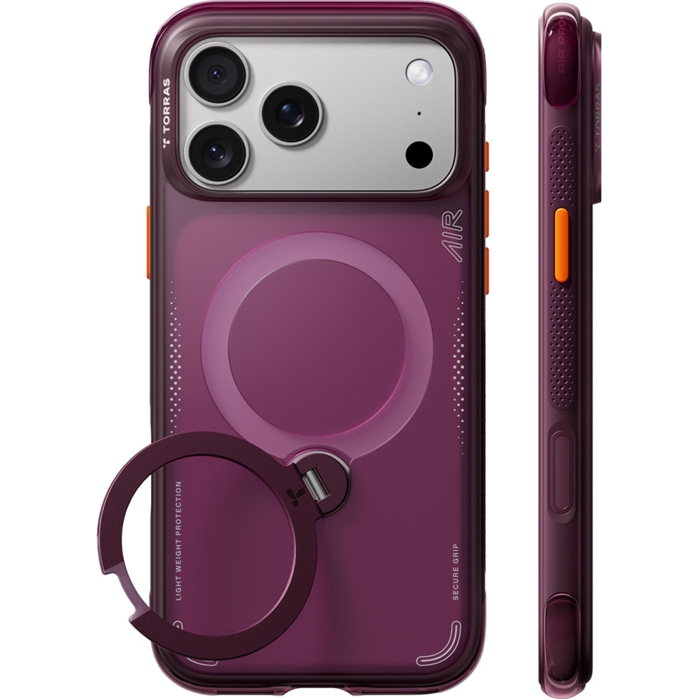 Etui z obrotową podstawką 360° Torras Ostand Q3 Air do MagSafe do iPhone 18 Pro / 17 Pro, burgundowe