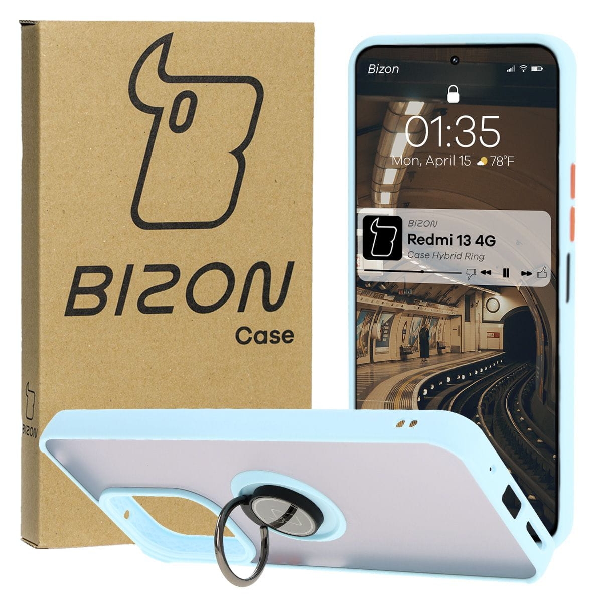 Image of Etui z uchwytem na palec Bizon Case Hybrid Ring do Xiaomi Redmi 13 4G, przydymione z jasnoniebieską ramką