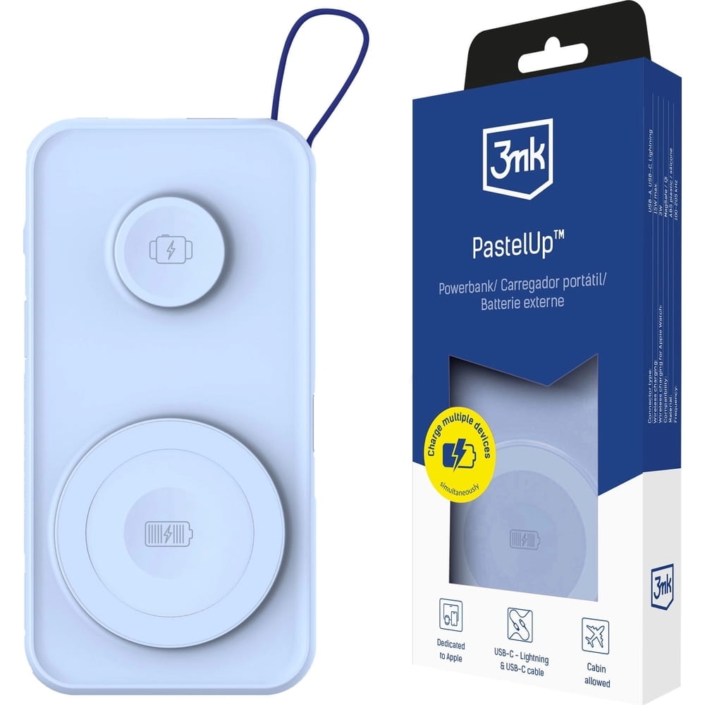 Image of Powerbank 3mk PastelUp do MagSafe, 1x USB-C, 1x USB-A, 1x Lightning, 10 000mAh, 22,5W, niebieski