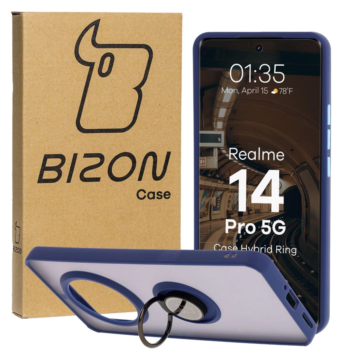 Image of Etui z uchwytem na palec Bizon Case Hybrid Ring do Realme 14 Pro 5G, przydymione z granatową ramką