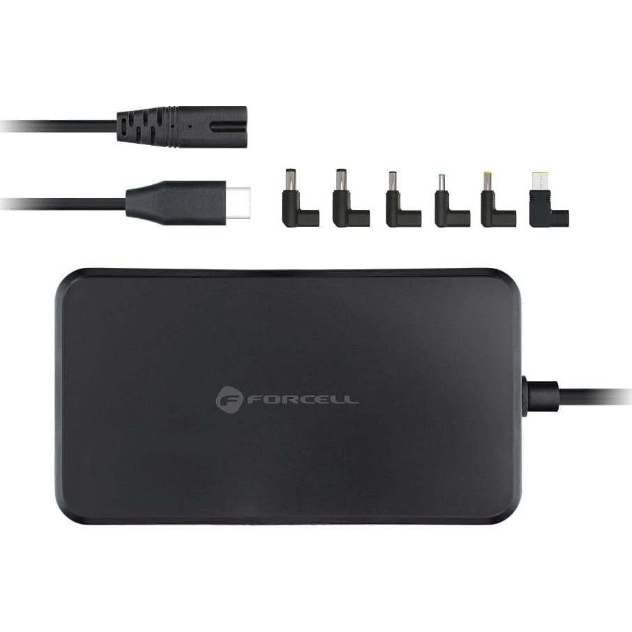 Image of Uniwersalny zasilacz sieciowy do laptopa Forcell F-Energy Laptop power adapter USB-C PD 90W z wymiennymi końcówkami, czarny