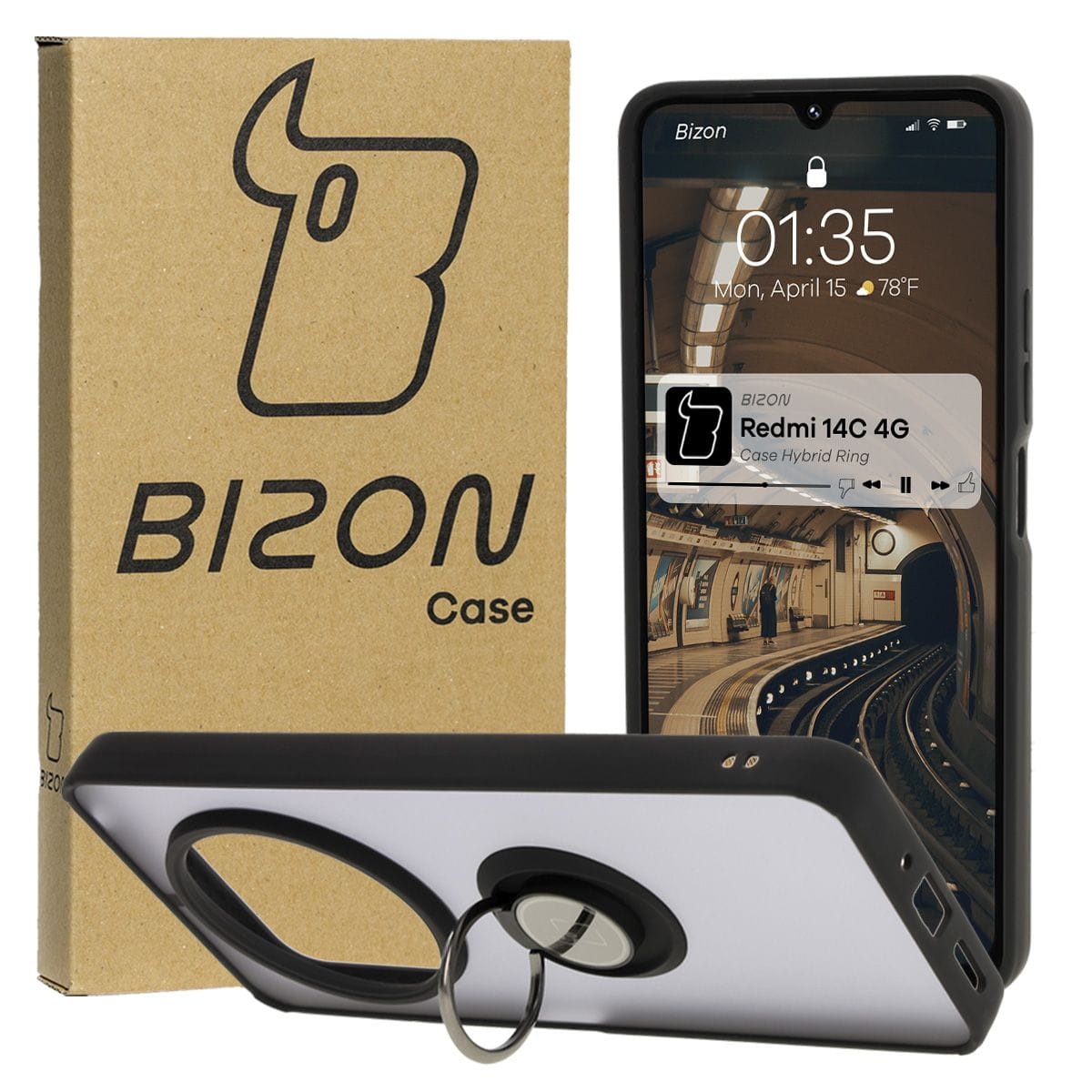 Image of Etui z uchwytem na palec Bizon Case Hybrid Ring do Xiaomi Redmi 14C 4G / POCO C75, przydymione z czarną ramką