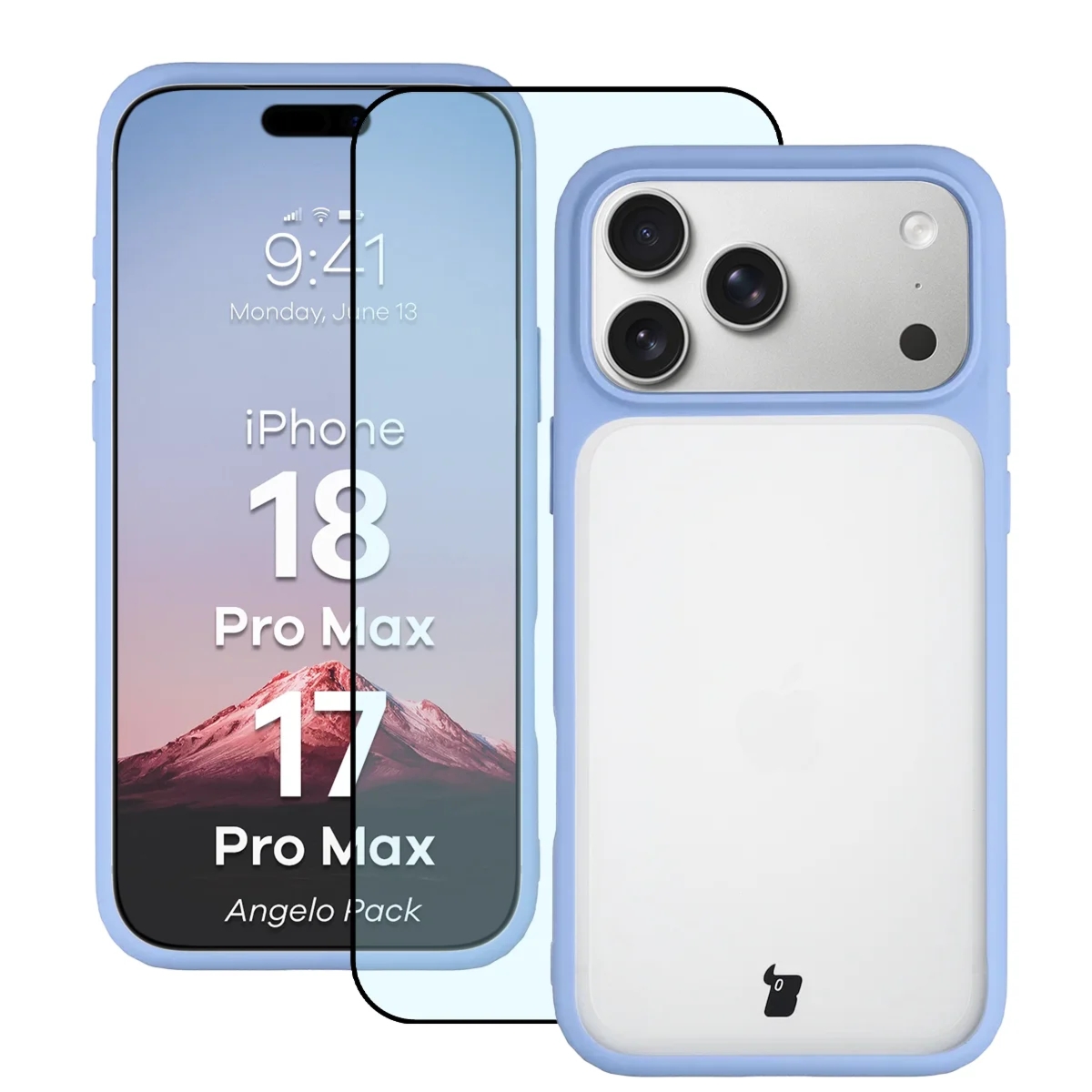 Etui + szkło hartowane Bizon Angelo Pack do iPhone 18 Pro Max / 17 Pro Max, półprzezroczyste z jasnoniebieską ramką
