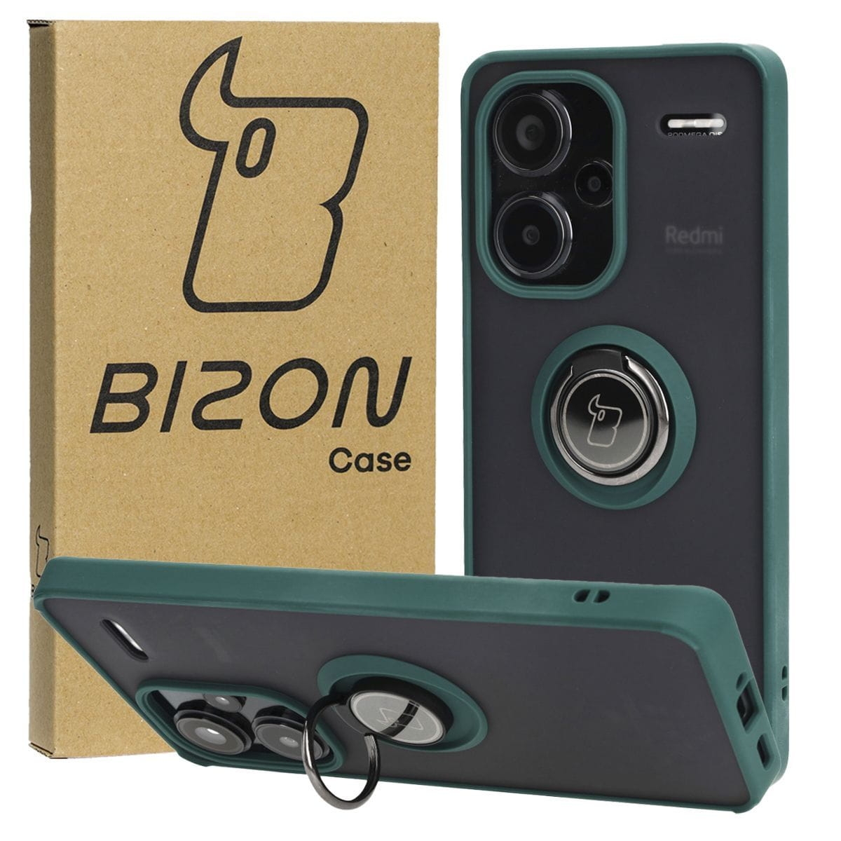 Image of Etui z uchwytem na palec Bizon Case Hybrid Ring do Xiaomi Redmi Note 13 Pro+ 5G, przydymione z ciemnozieloną ramką