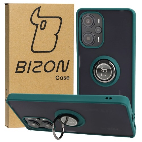 Image of Etui z uchwytem na palec Bizon Case Hybrid Ring do Xiaomi Poco F5, przydymione z ciemnozieloną ramką