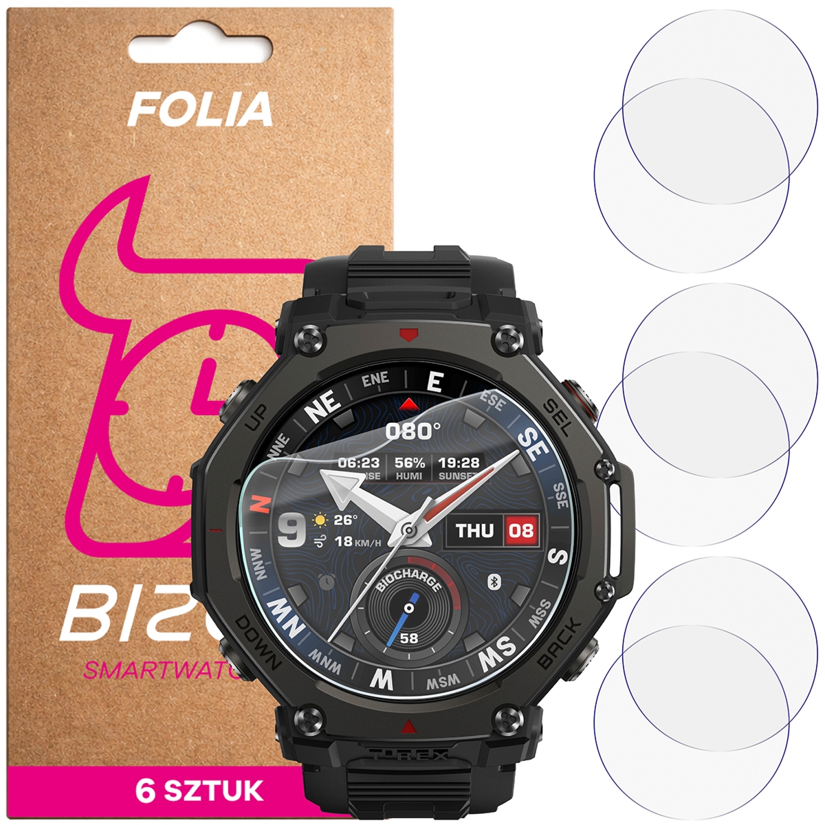 Folia ochronna na ekran zegarka Bizon Watch Film HydroFlex do Amazfit T-Rex 3 Pro 48 mm, 6 sztuk