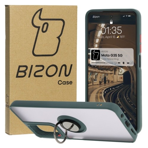 Image of Etui z uchwytem na palec Bizon Case Hybrid Ring do Motorola Moto G35 5G, przydymione z ciemnozieloną ramką